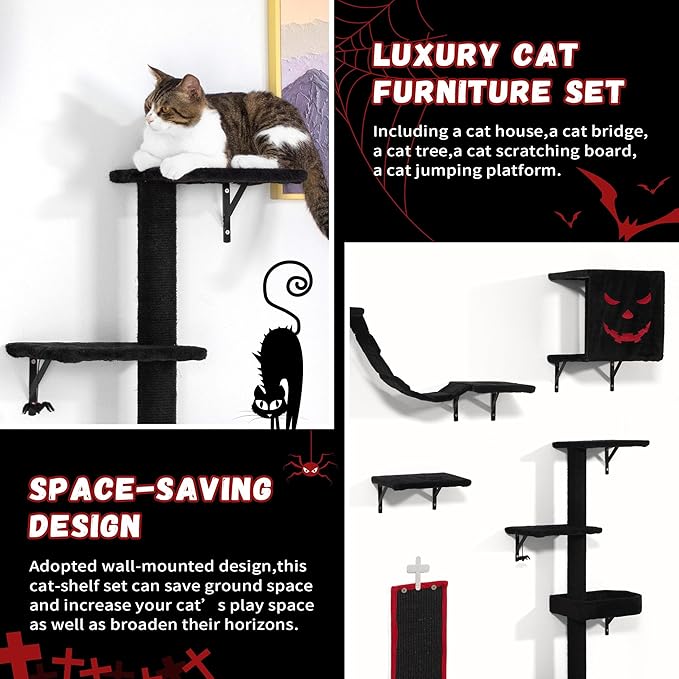5 Pcs Wall-Mounted Climber Set, Wood Indoor with Shelves and Perches, Ladder, Condo House, Scratching Board and Tree, Wall Shelves Furniture for Cats (Black&Red)