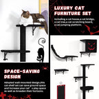 5 Pcs Wall-Mounted Climber Set, Wood Indoor with Shelves and Perches, Ladder, Condo House, Scratching Board and Tree, Wall Shelves Furniture for Cats (Black&Red)