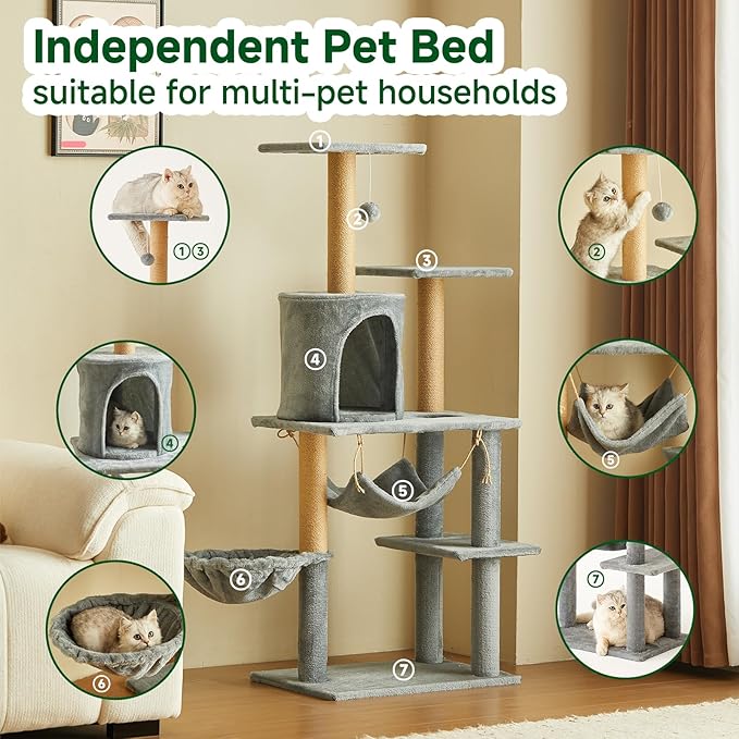 Multi-Level Cat Tree Tower, 132cm Tall, Grey Plush with Condo, Hammock, Platforms, Sisal Posts, 55x38cm Base