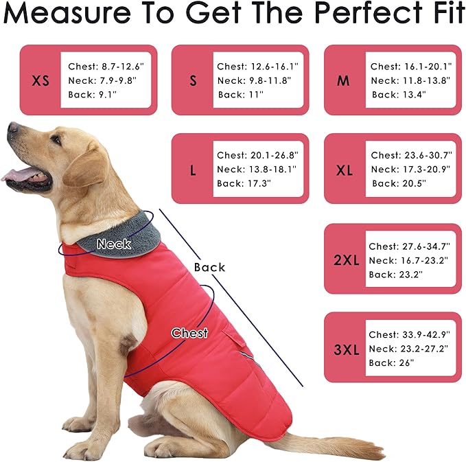 Dog Coat, Waterproof Dog Winter Jacket with Pocket, Reflective Adjustable Pet Snow Vest, Warm Cozy Fleece Sweater for Small Medium Extra Large Dogs - Red, 3XL