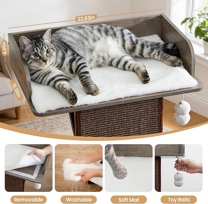 Modern Wood Cat Tree Tower for Indoor Large Cats, 33.8-Inch Tall Wooden Cat Trees with Big Perch Bed, Cat Scratching Pads, Washable Removable Cushions Scratching Mat, Cat Furniture, Greigy