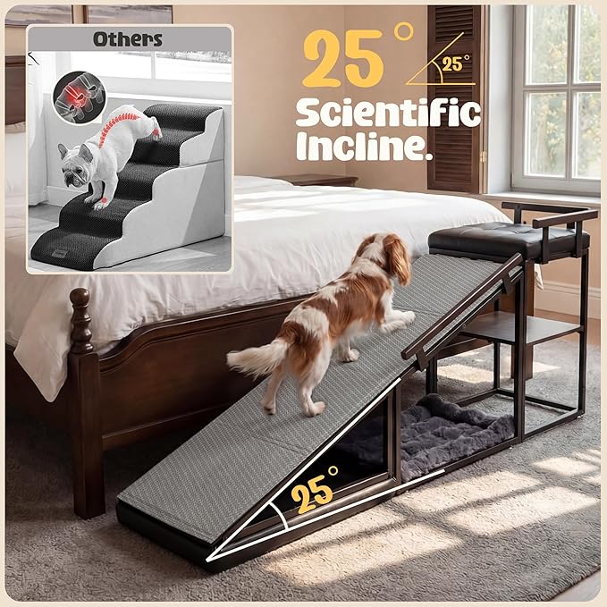 4-in-1 Dog Ramp, 65" x 26" x 17" Storage Ottoman Bench Upholstered Padded with Solid Wood Shelf, Foldable Pet Stairs Non-Slip Silicone Surface - Safety Railings Load up to 220 lb, Black