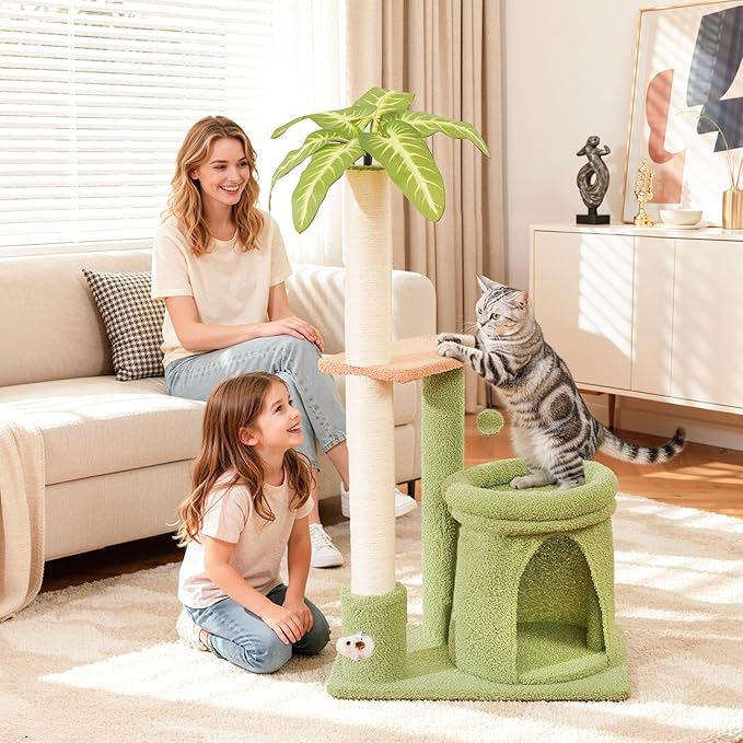 Cat Tree Tower with Scratching Post, Indoor 36in Medium Kitty Climbing Frame with Perch, Cave, Ball Toys, Multi Functional Kitten Climber and Scratcher, Stable Stand and Space Saving Design