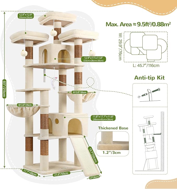 Globlazer 83 in Multi-Level Large Cat Tree Tower with Larger Cat Condo Furniture with Hammock/Cozy Pussycat Perches/Sisal Scratching Posts/Pet House/Wide Base, Beige