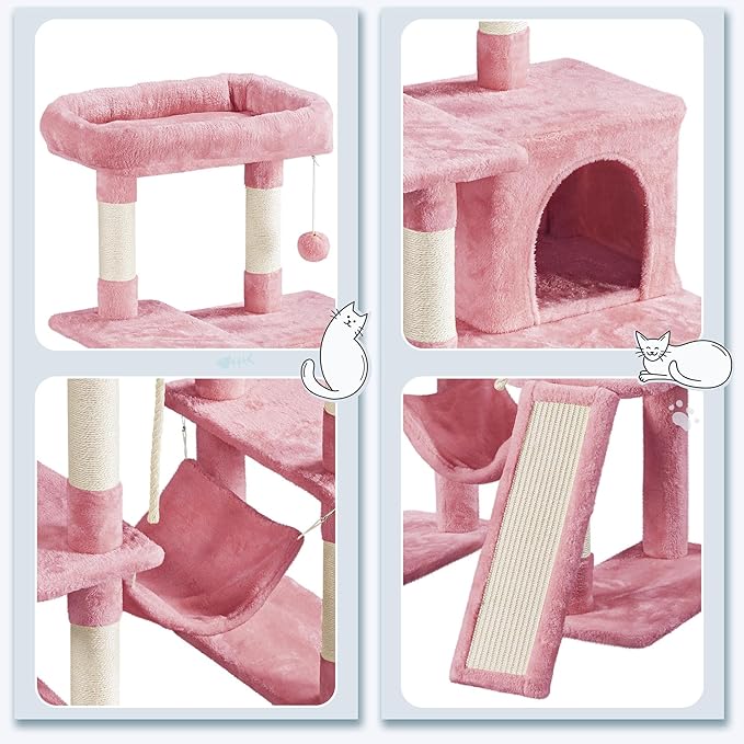 Topeakmart 63in Cat Tree, Large Cat Tower Furniture w/Cat Condo, Padded Platform & Sisal-Covered Scratching Post, Stable Cat Tower Pet Play House, Pink