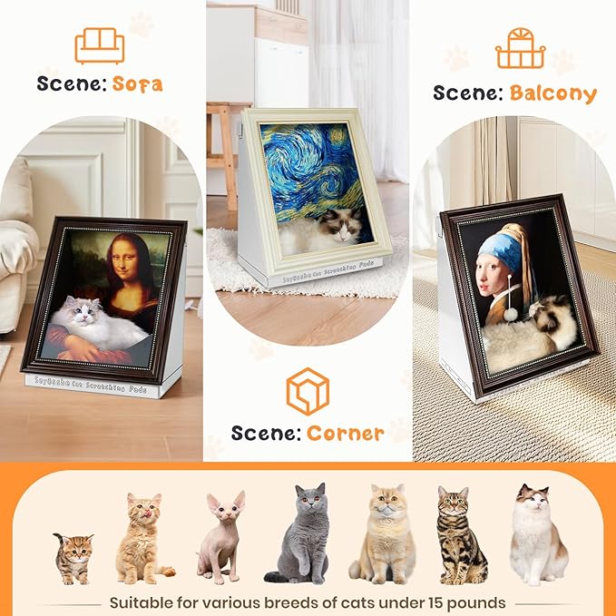 Mona Lisa Cat Bed Painting Cat Scratcher Bed CartBoard Cat House for Indoor Cats Half-Surround Design W/Horizontal Cat Scratcher Scratching Board W/Catnip (Pearl Earrings, Medium - Large)
