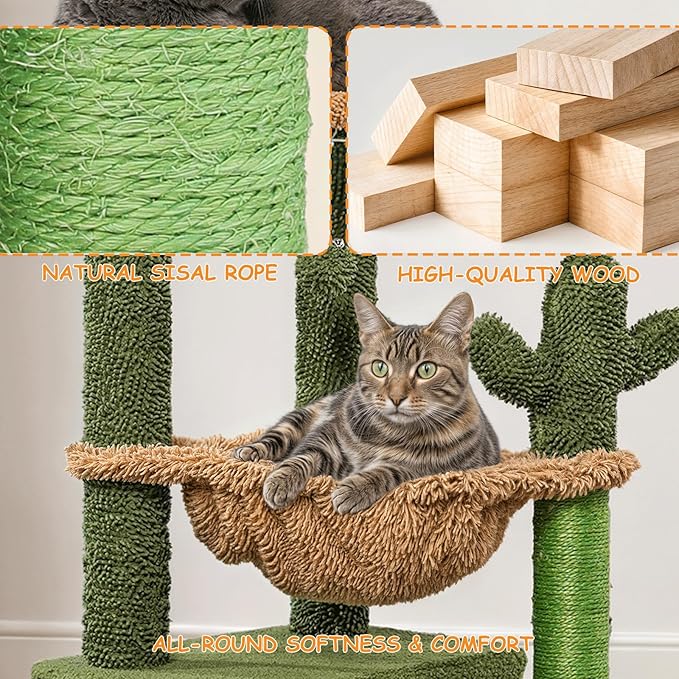 Athena Collection Small Cat Tree Tower with Scratching Post, 33.5 Inch Modern Cute Cat Tree Condo with Cozy Perch Hammock Hanging Ball for Kittens Indoor, Cactus Shade, Green
