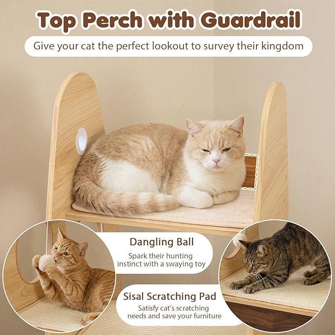 PETSITE 47-inch Rocket-Shaped Wood Cat Tree, Multi-Level Modern Cat Tower with Large Double-Layer Condo, Interactive Hanging Ball and Detachable Sisal Mats, Ideal for Indoor Cats