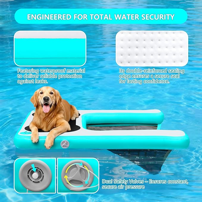 VOFiTNY Dog Pool Ramp 4.6ft x 3.3ft x 4in Inflatable Puppy Water Raft Plank Portable Pup Mat Floating Doggy Floats Ladder Boat Lake Cyan
