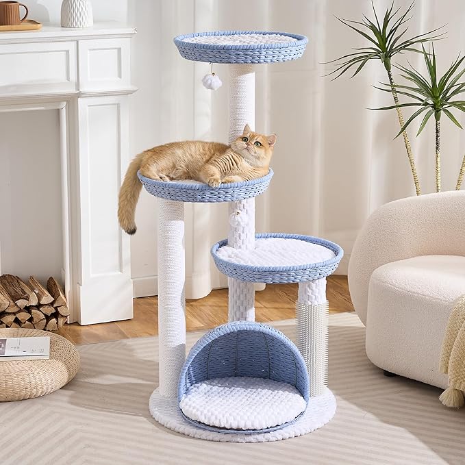 Modern Cat Tree Tower for Large Cat with Scratching Post for Indoor, 46 inch Multi-Level Cat Tower with Handwoven Beds, Cat Cave, Dangling Balls
