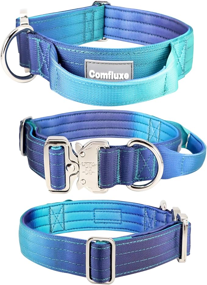 Tactical Dog Collar, 1.5" Wide Thick Heavy Duty Dog Collar with Handle, Soft Neoprene Padded Military-Grade Nylon Training Collar with Quick Release Metal Buckle for Medium Dogs (Blue, M)