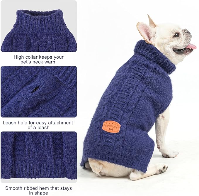 BEAUTYZOO Small Dog Sweater -Turtleneck Knitted Dog Sweaters for Dogs Puppy Girls Boys, Winter Dog Clothes Cable Knitwear with Leash Hole, Dog Christmas Sweater Pullover Sweatshirt for S M Pet Apparel