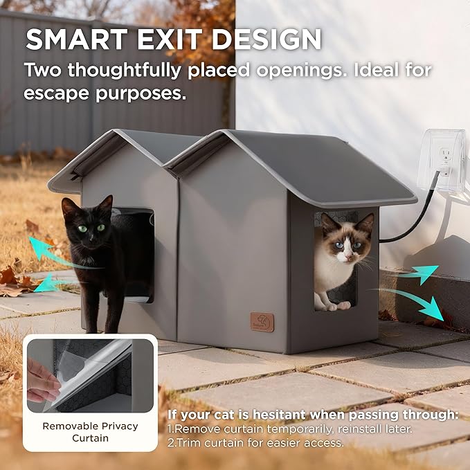 Bedsure Heated Outdoor Cat House-Extra Wide Weatherproof and Warming Feral Cat Shelter with Raised Base in Winter, Waterproof Insulated Outside Pet Hideout for Stray Kitty, 22.5x12.5x13.25inches, Grey