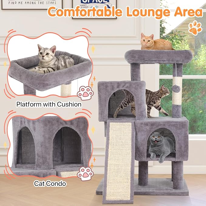 Cat Tree 36-Inch Cat Tower with Scratching Post Multi-Level Cats Condo with Ramp,Large Perch,Dangling Ball,Pet Play Tower for Kittens & Adult Cats(Ashy)