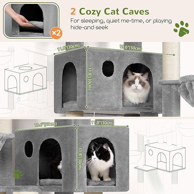 Globlazer Large Cat Tree, 72 inch Tall Cat Climbing Tower for Indoor Large Adult Cats Multi-Level Furniture Tree House with 2 Cozy Perches, 2 Padded Condos, 5 Sisal Scratching Posts, F72G, Light Grey