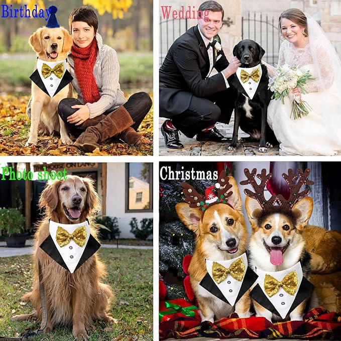 Dog Tuxedo Costume Wedding Bandana Nylon Collar with Gold Bow Tie Adjustable Formal Black Dog Tux Clothes for Small Medium Large VCat Pet Birthday Costumes Christmas Dress Outfits