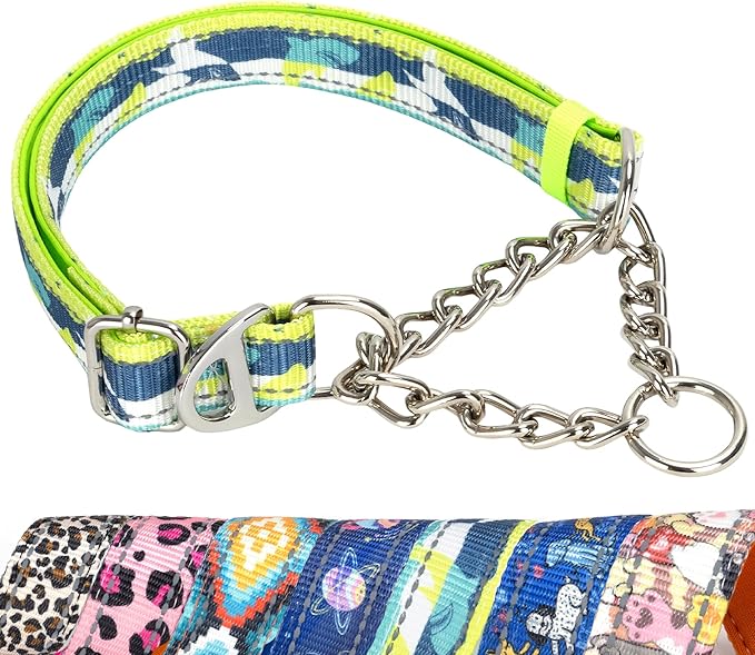 Reflective Martingale Dog Collar - No-Pull Adjustable Training Collar with Soft Nylon & Chain, Shark Pattern for Medium, Large & XL Dogs (Shark M)