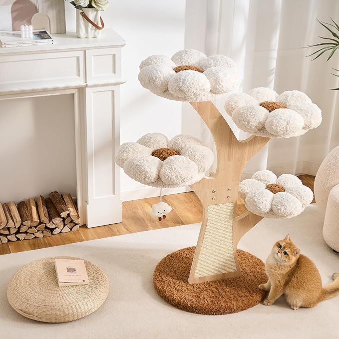 797Audio Flower Cat Tree, 48" Wood Branch Cat Tower, White Cloud Cat Tree with Scratching Post for Indoor Adult Cats, Luxury Cat Tree with Cozy Perches & Interactive Squeaky Hanging Toy