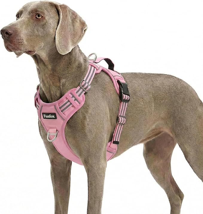 Funfox Dog Harness No Pull, Adjustable Pet Vest Harness, Super Soft Material with Vertical Handle Easy Control, Reflective Night Walking, 2 Leash Clips for XLarge Dogs, Pink, XL