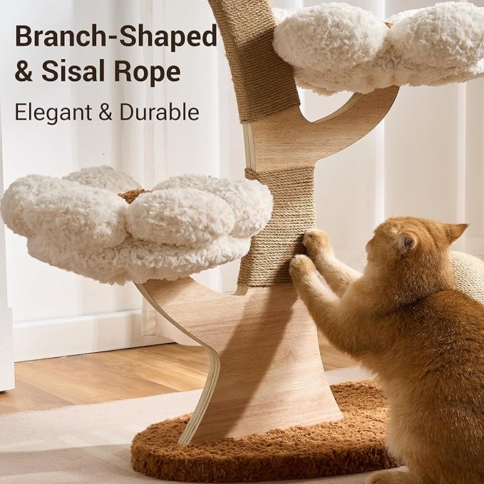 Aesthetic Flower Cat Tree Tower with Scratching Post for Indoor Cats, 37" H Modern Cat Tree with Wood Sculpted Branch, Flower Cat Beds, Mushroom Scratcher & Interactive Squeaky Toy, White