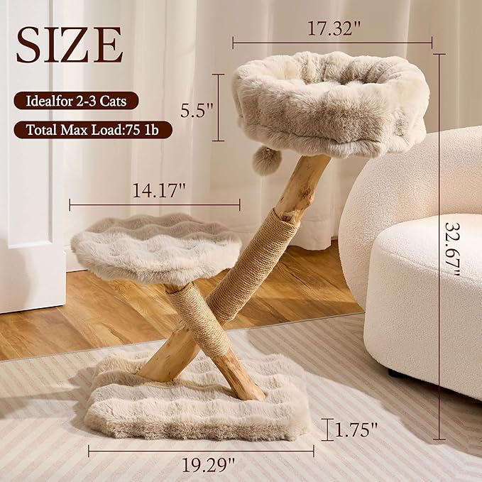 HITTITE Natural Solid Wood Cat Tree Tower with Scratching Post, 32 Inches Tall Modern Cat Tower with Cozy Bed and Platforms, Luxury Real Branch Cat Tree for Indoor Cats Large Adult, Khaki.