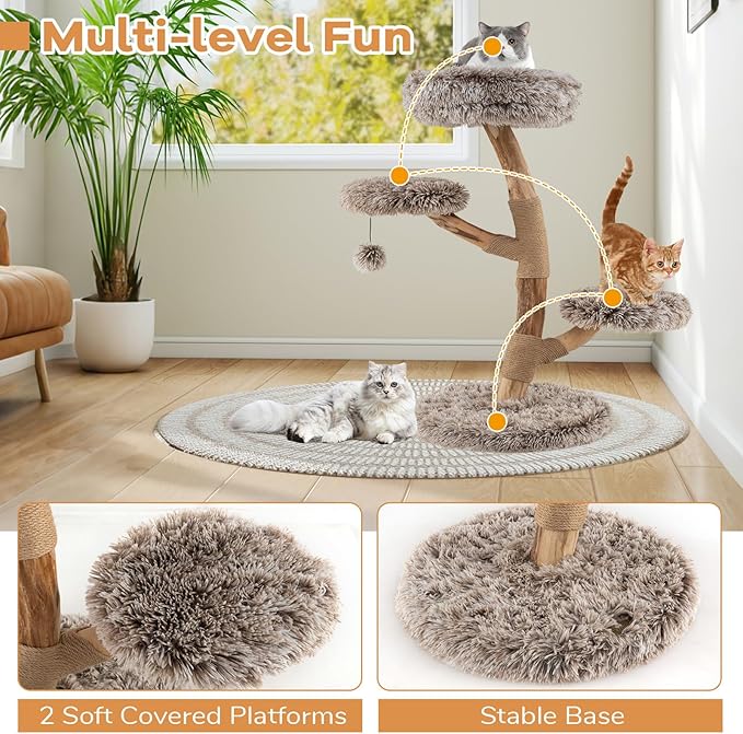 PETSITE 35.5-inch Wood Cat Tree, Multi-Level Real Pear Wood Modern Cat Tower with Jute Scratching Posts, Dangling Ball, Cozy Top Perch, 2 Jumping Platforms, Soft Long Plush Covered