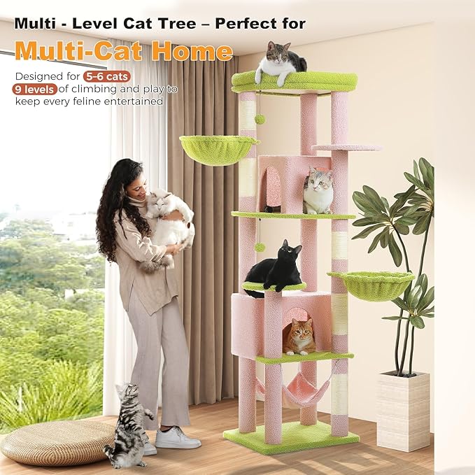 Flower Cat Tree for Large Indoor Cats, 71.2-Inch Tall Multi-Level Cat Tower with Scratching Posts, 3 Soft Hammocks, 2 Large Condos, Super Big Perch & Pompoms for Multi-Cat Households, Pink