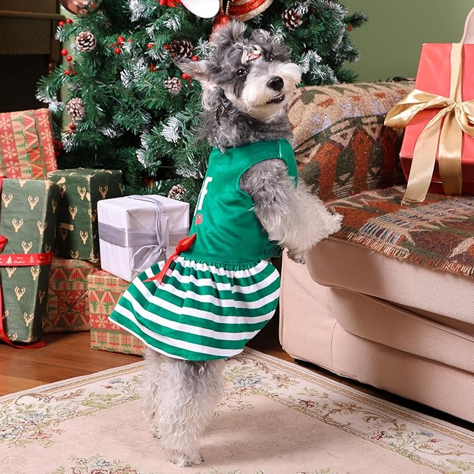 CuteBone Elf Dog Dresses Velvet Holiday Small Dogs Clothes Onesie Pet Apparel Girl Puppy Skirt with Bow Hair Rope CVA55XXS-D