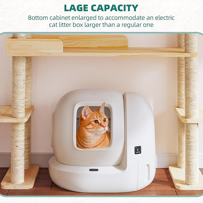 Wood Cat Tower for Automatic Litter Box, 60" Tall Cat Tree with Scratching Post, Multi-Level Solid Wood Cat Tree for Indoor Large Cats, Tall Cats Scratching Post Furniture w/House, Burlywood