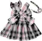 PETCARE Cute Dog Dress Clothes for Small Dogs Cats Girl Female Pink Plaid Bow Tie Dog Harness Dresses Leash Set with Pearls Bow Accessories Birthday Puppy Dress Shih Tzu Yorkies Chihuahua Outfits