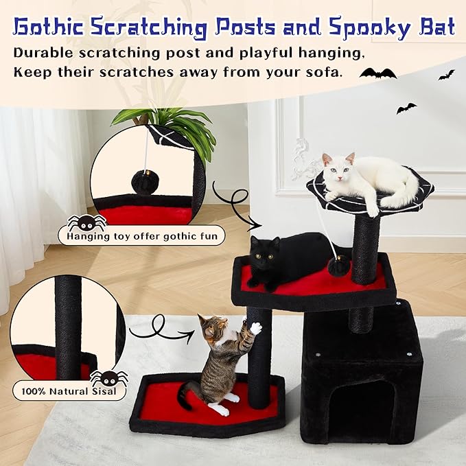 Black Cat Tree, 31 Inches Gothic Cat Tower, Cat Houses for Indoor Cats with Coffin Bed, Spacious Cat Condo, Scratching Posts for Kittens and Cats