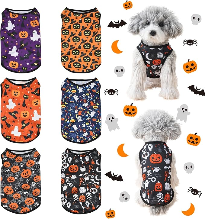 6 Pack Halloween Dog Clothes for Small Dogs, Soft and Breathable Puppy Kitten Dog Shirts for Pet Cats, Dogs' T-Shirts Apparel Sleeveless Vests for Yorkies (Happy Halloween, Large)