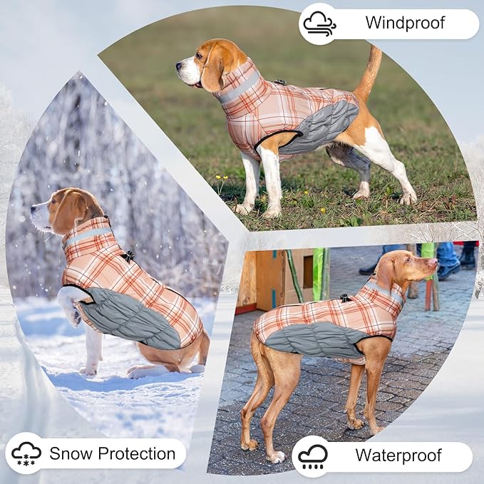 BEAUTYZOO Dog Winter Coat with Harness Built in, Reflective Plaid Puffer Vest Waterproof for Small Dogs, Fleece Warm Puppy Zipped Jacket with D Ring, Pet Cold Weather Sweater Clothes, Brown S