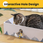 Cat Scratcher Box with Heavy-Duty Double-Sided Cardboard Pad, Cardboard Lounger, Interactive Hole Design, Cat Bed for Indoor Cats, White, Large