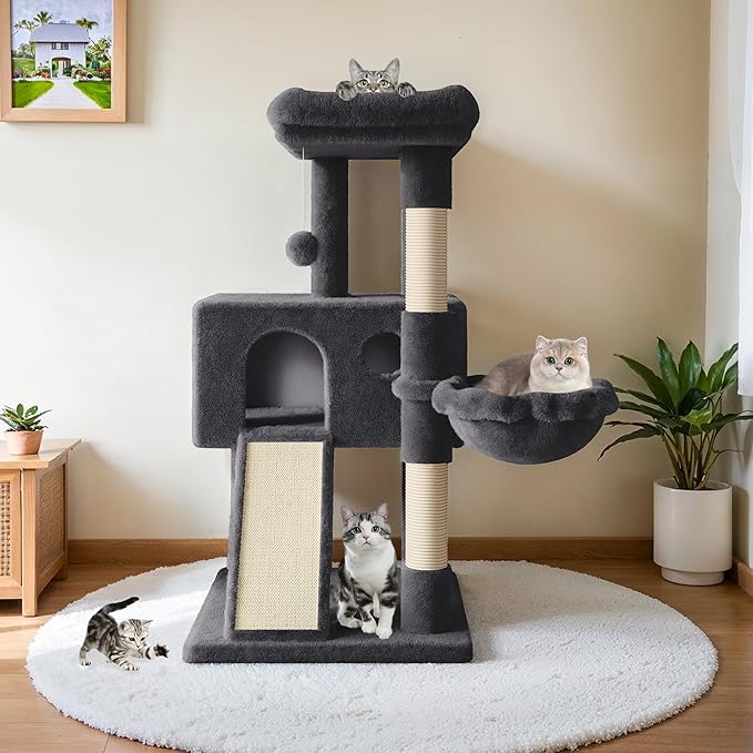HOOMIC 36" Cat Tree for Indoor Kitty, Multi-Level Condo with Sisal Scratching Posts and Board, Cozy Hammock, Padded Plush Perch for Kittens, Dark Grey