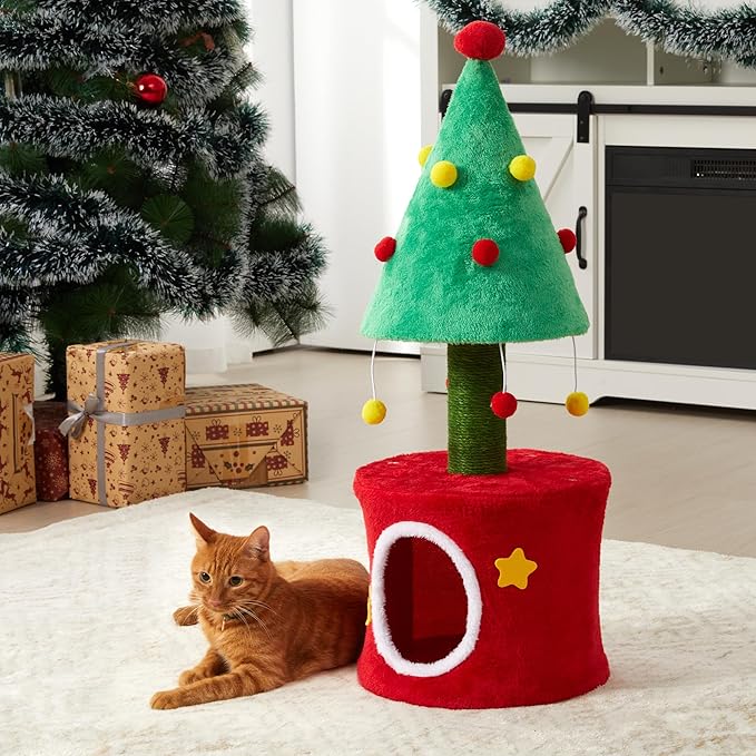 Cat Tree Tower for Indoor Cats, Cat Tree Small with Sisal Scratching Posts and Cozy Cat Bed, Multi-Functional Cat Furniture for Kittens and Adult Cats，Green&Red