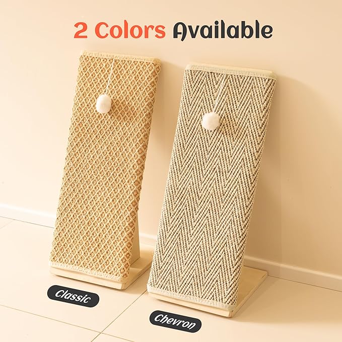 PETKARAY Inclined Cat Scratcher, Sisal Scratching Ramp for Indoor Cats, 24.8'' Cat Scratch Post for Couch, Replaceable Sisal Scratch Pad with Toy Ball, Chevron