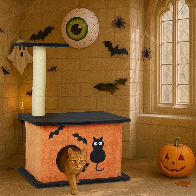 33" Halloween Cat Tree with Spacious Cat Condo, Small Cat Tower for Indoor Cats with Large Platform, Sisal Scratching Post - Spooky Cat Furniture for Small to Medium Cats, Orange & Black