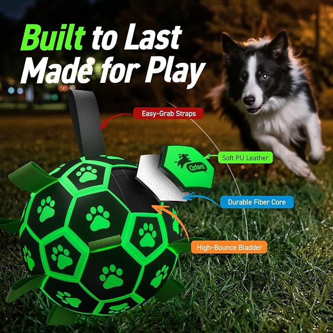 QDAN Glow in The Dark Dog Toys Soccer Ball with Straps - Light Up Dog Balls for Large Dogs, Interactive Dog Toys with Strap for Tug of War,Puppy Birthday Gifts (8 Inch)