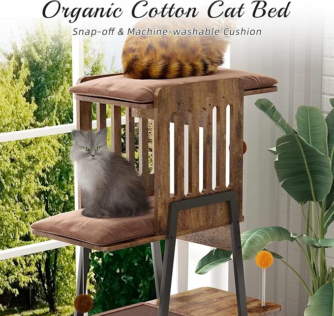 Modern Cat Tree 58-Inch Tower for Large Cats with Scratching Board, Extra Large Perch, Hammock & Removable Washable Pads, Multi-Level Cat Furniture for Bird Watching & Play, Walnut