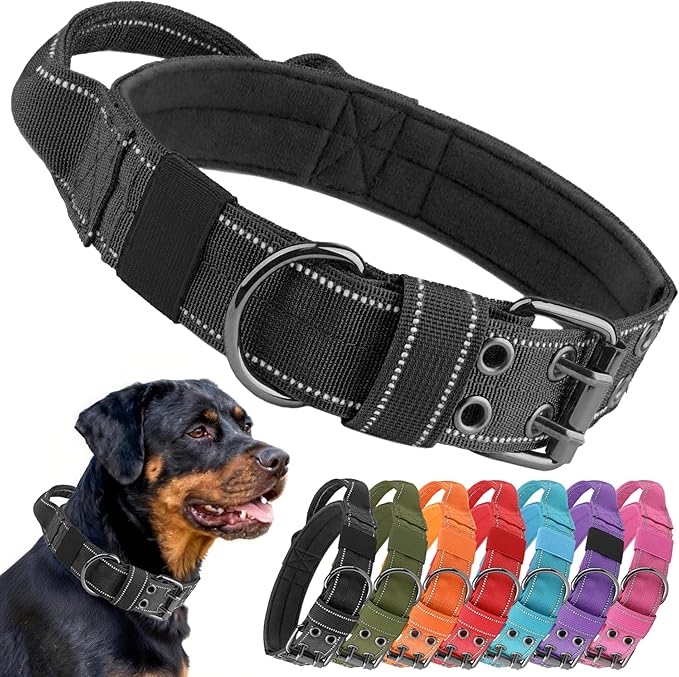 Tactical Dog Collar with Control Handle, Military Adjustable Pet Collar Reflective Heavy Metal Buckle Dog Collar, Soft Nylon Training Collar for Medium Large Dogs (Black, Large)