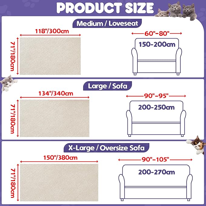 Cat Scratch Furniture Protector - Anti-Slip, Waterproof Sofa Cover to Keep Cats Off, Pet-Friendly Couch Protectors for 3 Cushion Couch, Beige Anti-Scratch Couch Cover for Pets and Kids 150"X71"