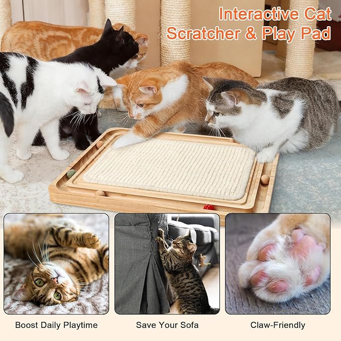 Cat Scratching Pad with Ball Track Toy Interactive Cat Scratcher Board with Rolling Balls Natural Wood Sisal Cat Scratch Pad for Indoor Cats