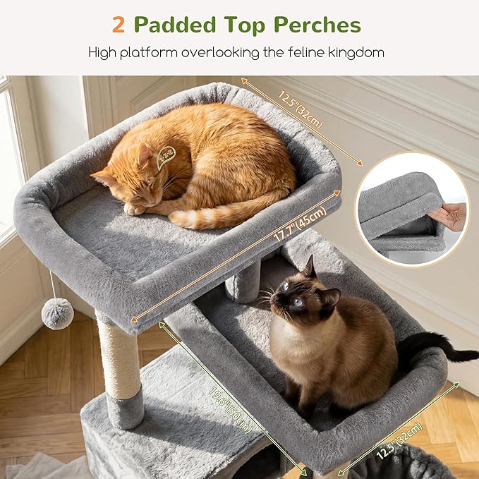 Globlazer 80 Inch Cat Tree for Large Cats, Stable Multi-Level Cat Tree with 2 Condos & Sisal Scratching Posts for 2-3 Cats, Thickened Base Space Saving Cat Tree Tower, F80G, Light Gray