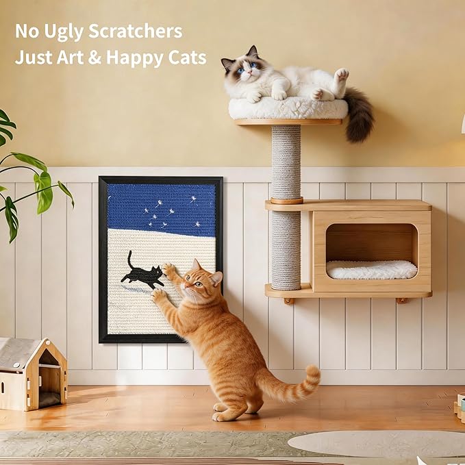 Art Cat Scratcher, Wall Mounted Sisal Cat Scratcher for Indoor Cats 17.01x13.1x1.18 Inches, Furniture Protector, Cat Scratch Rug, Decorative Cat Wall,Easy Install,No Drilling