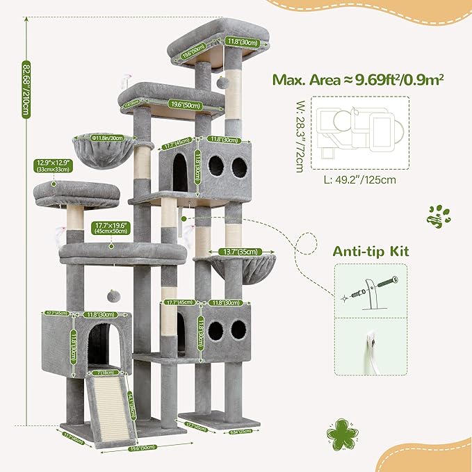 Globlazer 82" Extra Large Cat Tree for Big Cats, Heavy Duty Cat Tree for Multi-Cat Household, Maine Coon Cat Tree with 3 Condos, 2 Hammocks, 3 Perches & Scratching Board, S82D, Light Grey