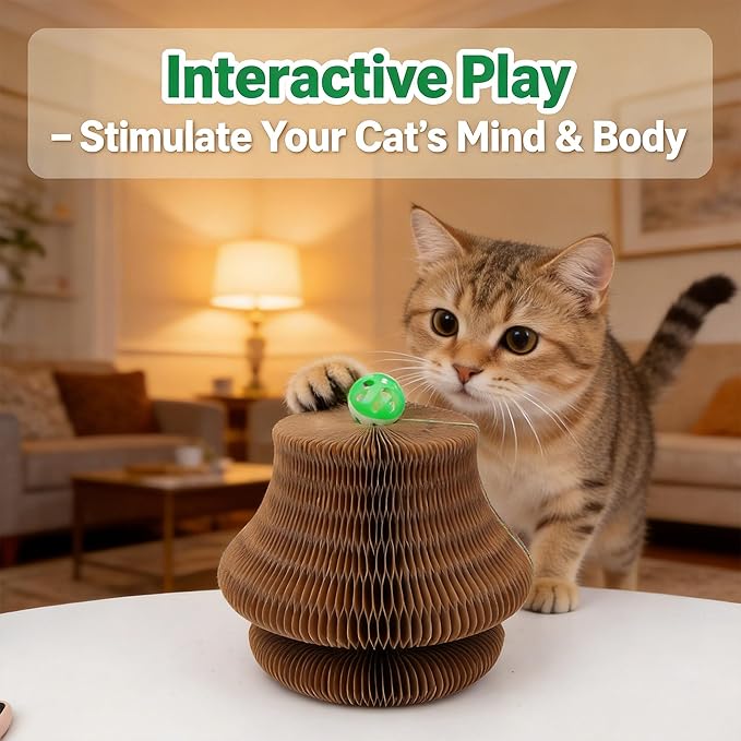 Collapsible Round Cat Scratcher Lounge Bed,Accordion Cardboard Scratching Board for Indoor Large Cats, Kitten Bed & Play Toy,14.2 inch