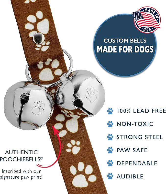 PoochieBells Dog Doorbell, Dog Potty Training Bells, Dog Safe USA-Made w/Perfect Sound,Dog Trainer Approved, Housetraining Made Easy & Quick, Sig Tracks Brown