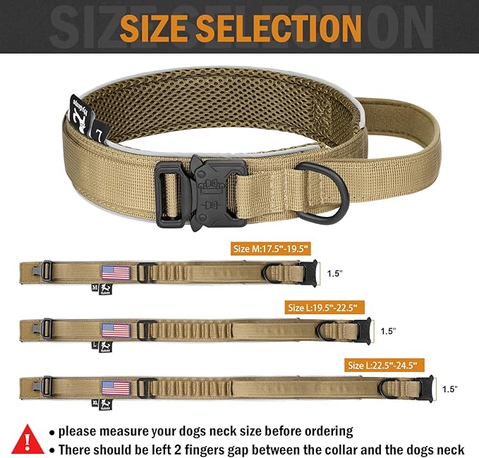 HYDEME Tactical Dog Collar and Leash Set, Alpine Loop Adjustable Reflective Military Training Nylon Dog Collars with Handle Shock Retractable Dog Leash for Small Medium Large Dogs.(M,Brown-Set)