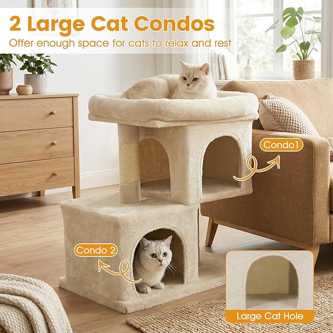 PETSITE 25.5-inch Small Cat Tree, Modern Multi-Level Cat Tower with 2 Comfy Condos, Sisal Scratching Posts, Large Plush Top Perch, and Anti-Tipping Kits, Ideal for Indoor Cats and Kittens (Beige)